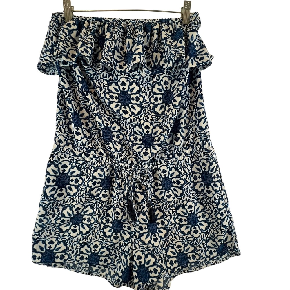 Vineyard Vines Romper Floral Strapless Womens Small Blue White Ruffle Tassel